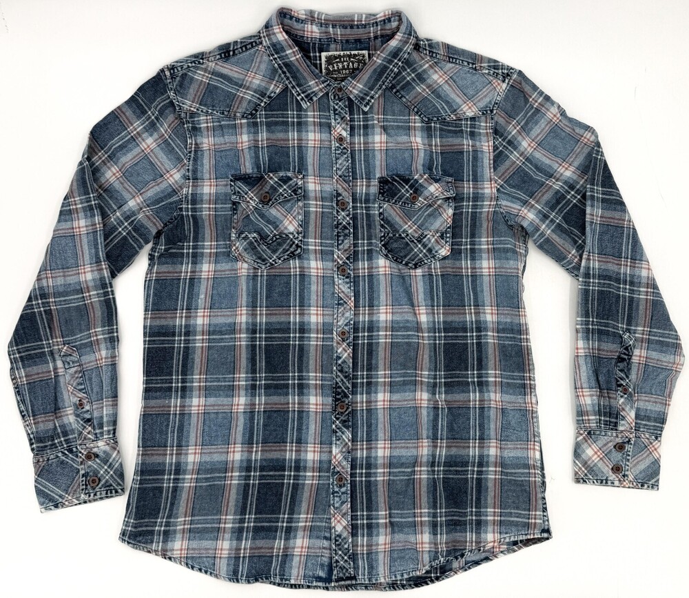BKE Vintage Shirt Mens XL Blue Plaid Flannel Western Button Up Chest Pockets